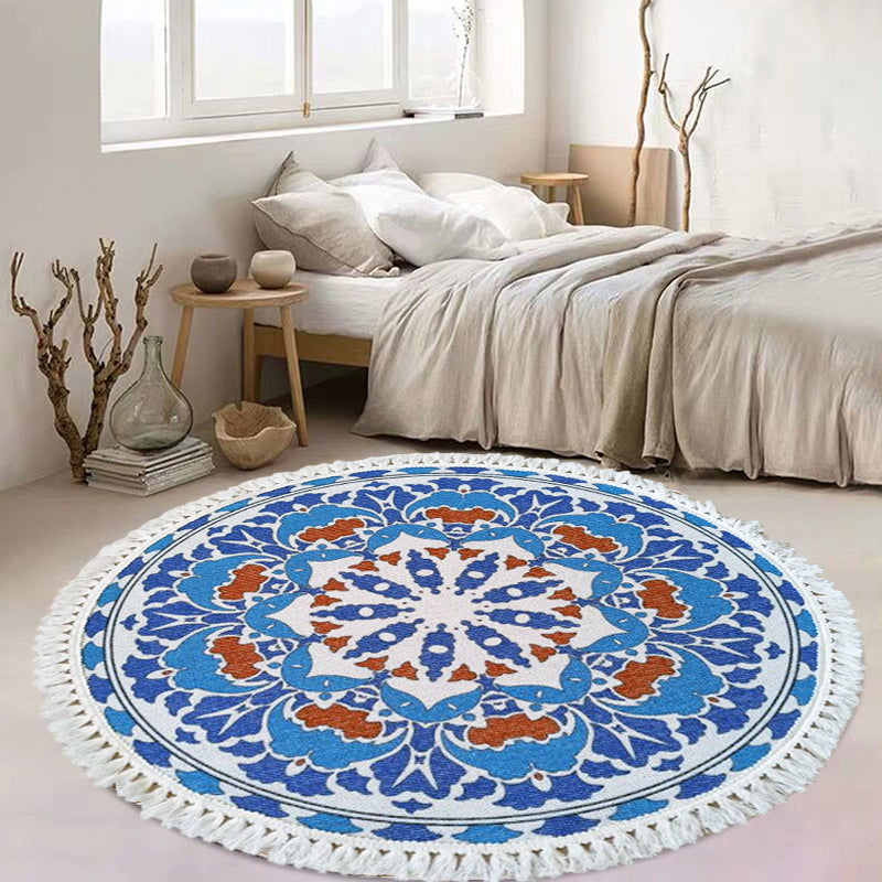 Multicoloured Floral Pattern Rug Flax Moroccan Rug Pet Friendly Washable Non-Slip Area Rug for Living Room Blue 3'3