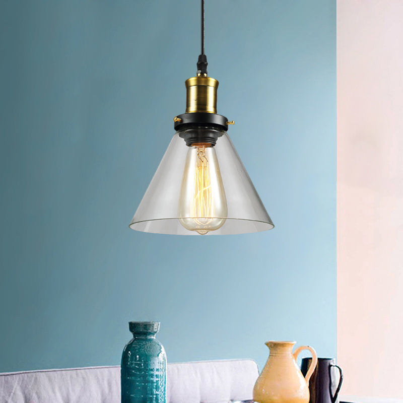 Brass 1 Light Hanging Ceiling Light Vintage Clear Glass Cone/Globe Pendants Lighting for Living Room Clear Cone Clearhalo 'Ceiling Lights' 'Glass shade' 'Glass' 'Industrial Pendants' 'Industrial' 'Middle Century Pendants' 'Pendant Lights' 'Pendants' 'Tiffany' Lighting' 1871324