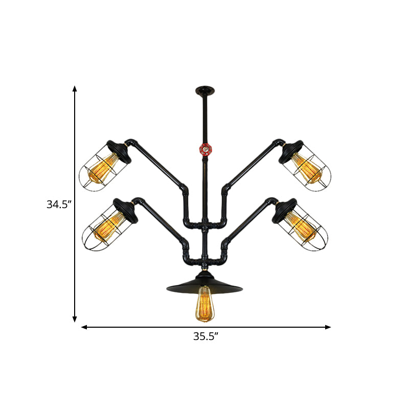 5 Lights Wire Cage Suspended Light Industrial Style Chandelier Lamp with Water Pipe for Dining Room Clearhalo 'Cast Iron' 'Ceiling Lights' 'Chandeliers' 'Industrial Chandeliers' 'Industrial' 'Metal' 'Middle Century Chandeliers' 'Rustic Chandeliers' 'Tiffany' Lighting' 1871373