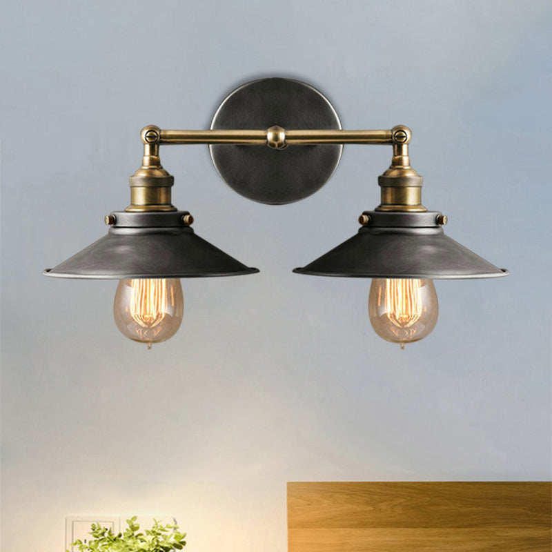 2 Heads Sconce Lamp Farmhouse Style Conical Shade Wrought Iron Wall Light Fixture in Antique Black Clearhalo 'Art deco wall lights' 'Cast Iron' 'Glass' 'Industrial wall lights' 'Industrial' 'Middle century wall lights' 'Modern' 'Rustic wall lights' 'Tiffany' 'Traditional wall lights' 'Wall Lamps & Sconces' 'Wall Lights' Lighting' 1871417