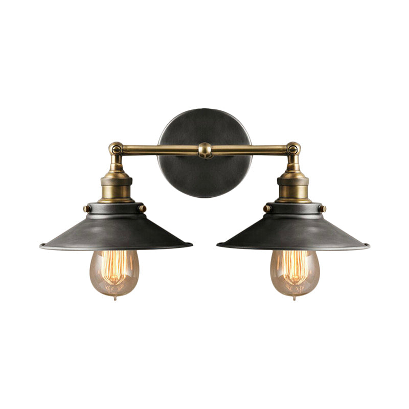 2 Heads Sconce Lamp Farmhouse Style Conical Shade Wrought Iron Wall Light Fixture in Antique Black Clearhalo 'Art deco wall lights' 'Cast Iron' 'Glass' 'Industrial wall lights' 'Industrial' 'Middle century wall lights' 'Modern' 'Rustic wall lights' 'Tiffany' 'Traditional wall lights' 'Wall Lamps & Sconces' 'Wall Lights' Lighting' 1871418