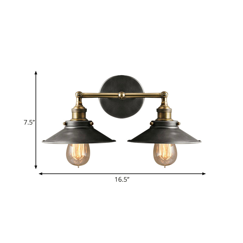 2 Heads Sconce Lamp Farmhouse Style Conical Shade Wrought Iron Wall Light Fixture in Antique Black Clearhalo 'Art deco wall lights' 'Cast Iron' 'Glass' 'Industrial wall lights' 'Industrial' 'Middle century wall lights' 'Modern' 'Rustic wall lights' 'Tiffany' 'Traditional wall lights' 'Wall Lamps & Sconces' 'Wall Lights' Lighting' 1871419