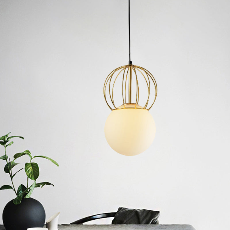 White Globe Suspension Light with Melon Iron Wire 1 Bulb Modern Frosted Glass Hanging Light for Bedroom White Clearhalo 'Ceiling Lights' 'Glass shade' 'Glass' 'Modern Pendants' 'Modern' 'Pendant Lights' 'Pendants' Lighting' 1871496