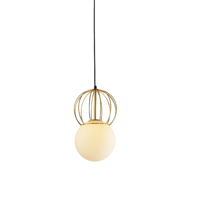 White Globe Suspension Light with Melon Iron Wire 1 Bulb Modern Frosted Glass Hanging Light for Bedroom Clearhalo 'Ceiling Lights' 'Glass shade' 'Glass' 'Modern Pendants' 'Modern' 'Pendant Lights' 'Pendants' Lighting' 1871498