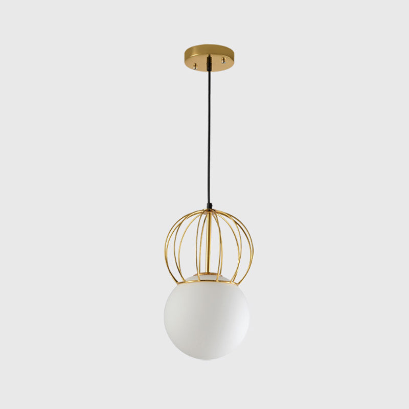 White Globe Suspension Light with Melon Iron Wire 1 Bulb Modern Frosted Glass Hanging Light for Bedroom Clearhalo 'Ceiling Lights' 'Glass shade' 'Glass' 'Modern Pendants' 'Modern' 'Pendant Lights' 'Pendants' Lighting' 1871499