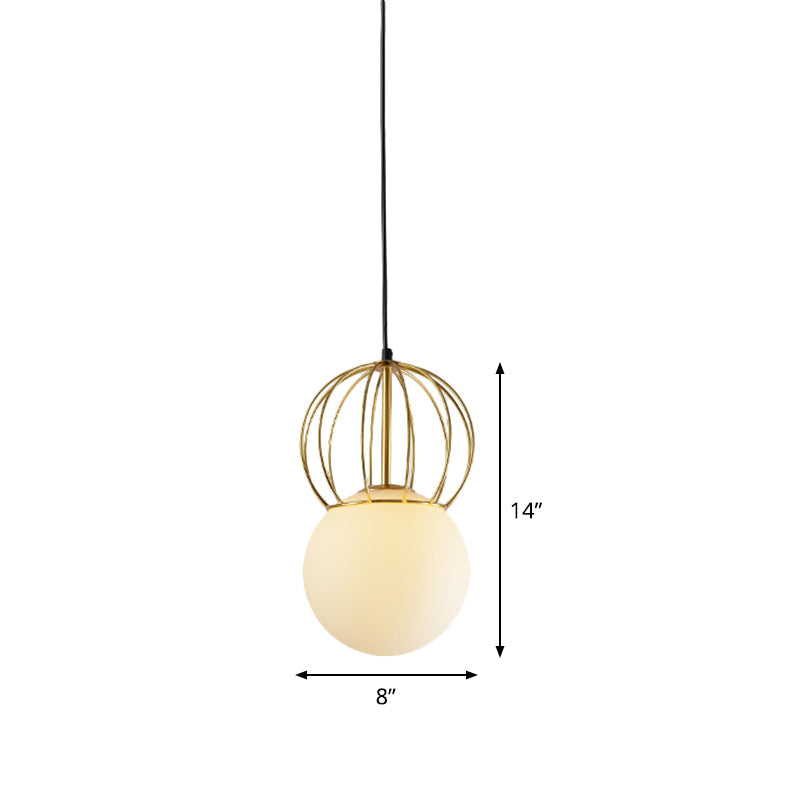 White Globe Suspension Light with Melon Iron Wire 1 Bulb Modern Frosted Glass Hanging Light for Bedroom Clearhalo 'Ceiling Lights' 'Glass shade' 'Glass' 'Modern Pendants' 'Modern' 'Pendant Lights' 'Pendants' Lighting' 1871500