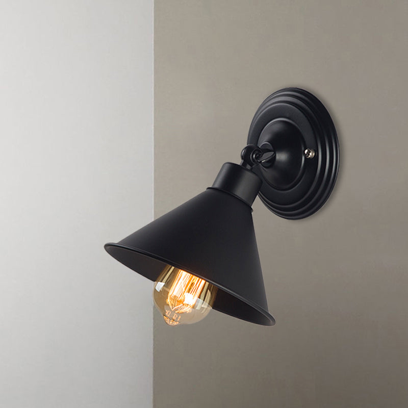 Black Finish Cone Wall Sconce Light Loft Style Metallic 1 Head Bedroom Sconce Lamp Clearhalo 'Art deco wall lights' 'Cast Iron' 'Glass' 'Industrial wall lights' 'Industrial' 'Middle century wall lights' 'Modern' 'Rustic wall lights' 'Tiffany' 'Traditional wall lights' 'Wall Lamps & Sconces' 'Wall Lights' Lighting' 1872210