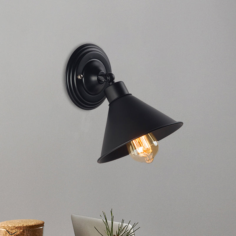 Black Finish Cone Wall Sconce Light Loft Style Metallic 1 Head Bedroom Sconce Lamp Clearhalo 'Art deco wall lights' 'Cast Iron' 'Glass' 'Industrial wall lights' 'Industrial' 'Middle century wall lights' 'Modern' 'Rustic wall lights' 'Tiffany' 'Traditional wall lights' 'Wall Lamps & Sconces' 'Wall Lights' Lighting' 1872211