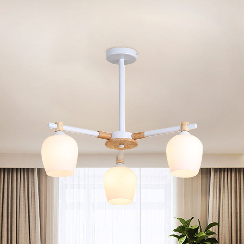 Urn Shade Living Room Hanging Light Fixture Wooden 3/6 Lights Nordic Style Chandelier in Green/Gray/White Clearhalo 'Ceiling Lights' 'Chandeliers' 'Glass shade' 'Glass' 'Modern Chandeliers' 'Modern' Lighting' 1872650