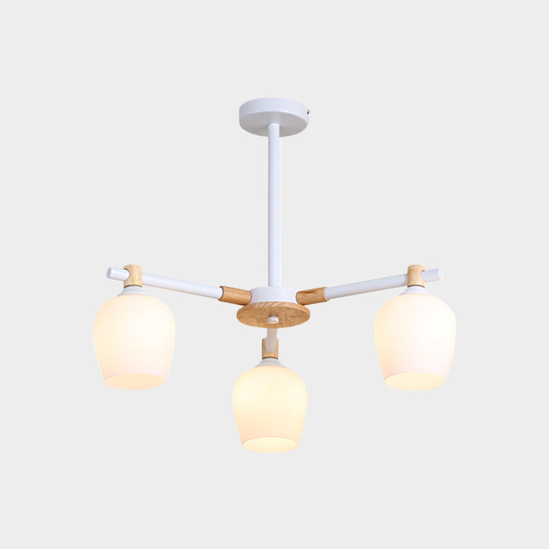 Urn Shade Living Room Hanging Light Fixture Wooden 3/6 Lights Nordic Style Chandelier in Green/Gray/White Clearhalo 'Ceiling Lights' 'Chandeliers' 'Glass shade' 'Glass' 'Modern Chandeliers' 'Modern' Lighting' 1872652