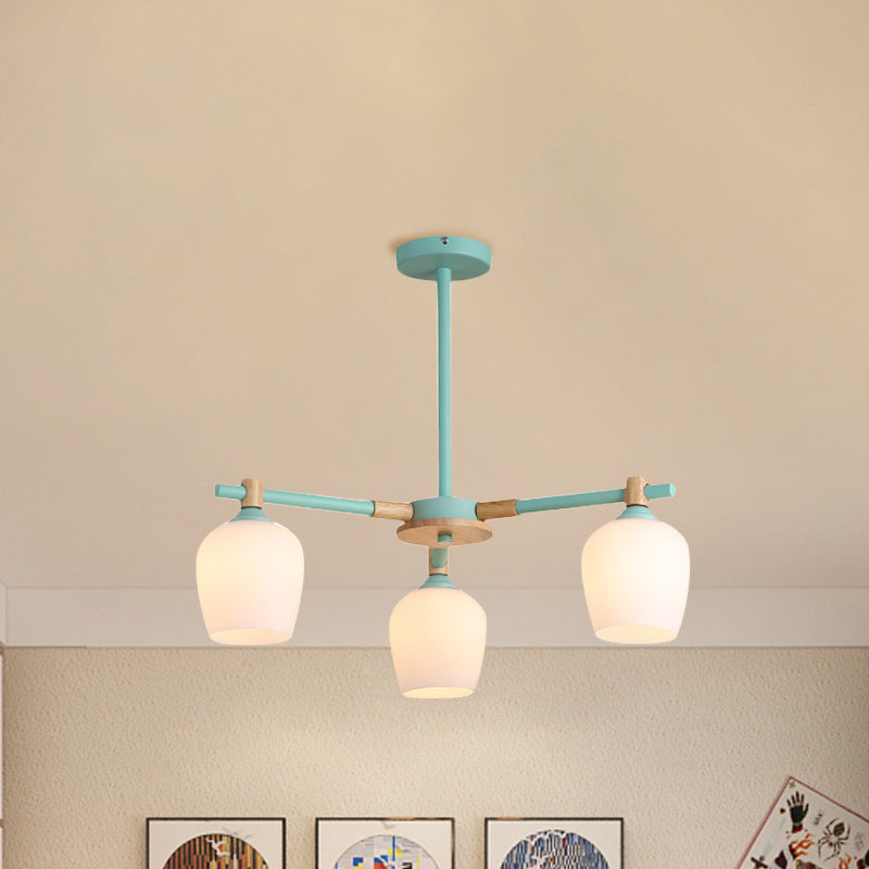 Urn Shade Living Room Hanging Light Fixture Wooden 3/6 Lights Nordic Style Chandelier in Green/Gray/White Clearhalo 'Ceiling Lights' 'Chandeliers' 'Glass shade' 'Glass' 'Modern Chandeliers' 'Modern' Lighting' 1872654