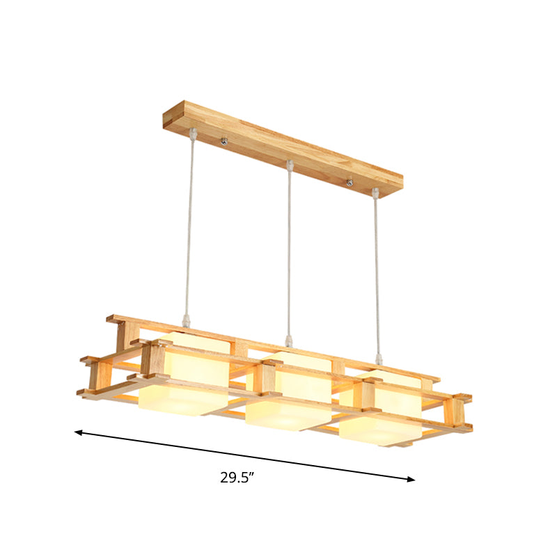 Wooden Frame Square Shade Linear Pendant 3-Light Nordic Island Light Fixture over Dining Table Clearhalo 'Ceiling Lights' 'Island Lights' Lighting' 1872684