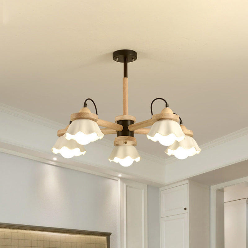 White Scalloped Shade Chandelier Multi-Light Nordic Wooden Drop Ceiling Light for Living Room Black Clearhalo 'Carpenter Chandeliers' 'Ceiling Lights' 'Chandeliers' 'Industrial' 'Modern Chandeliers' 'Modern' Lighting' 1872809