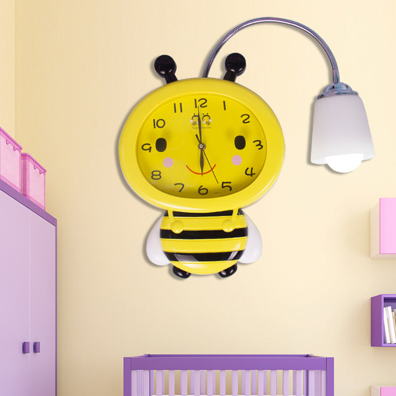 Yellow Clock Bee Wall Light 1 Light Cartoon Plastic Sconce Light for Boys Girls Bedroom Clearhalo 'Wall Lamps & Sconces' 'Wall Lights' Lighting' 187550