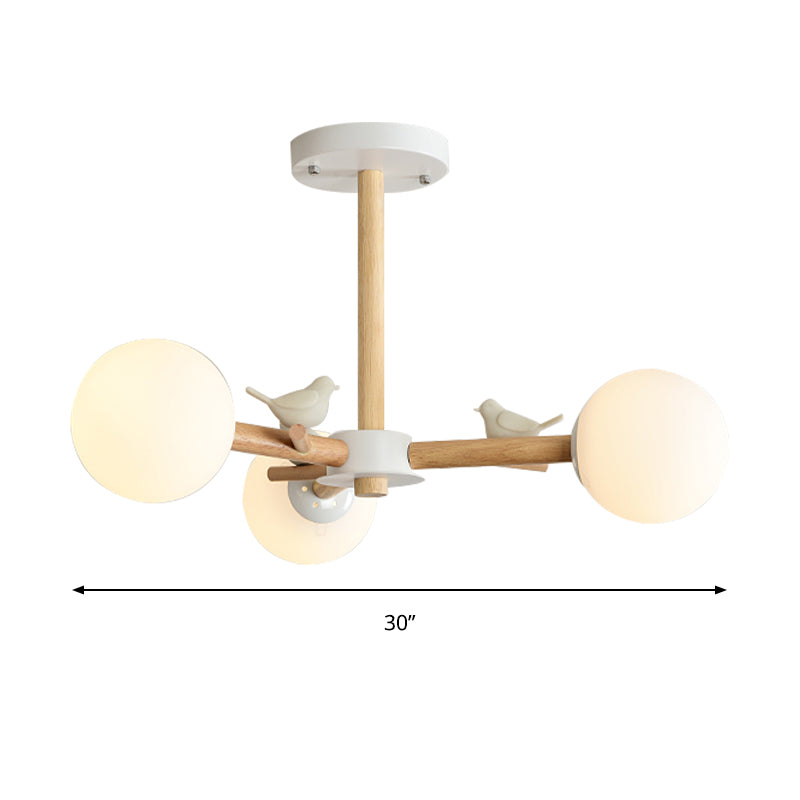 Orb Shade Bedroom Chandelier with Bird Wood Glass Japanese Style Hanging Light in White Clearhalo 'Carpenter Chandeliers' 'Ceiling Lights' 'Chandeliers' 'Industrial' 'Modern Chandeliers' 'Modern' Lighting' 187843