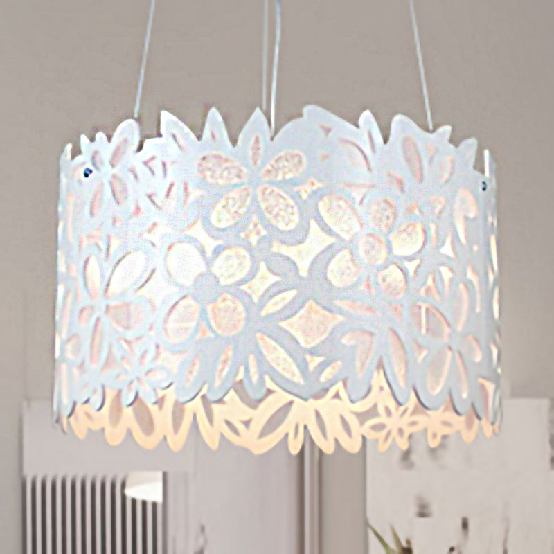 White Floral Pendant Light with Drum Shade Kids Iron Wrought Hanging Light for Dining Room Clearhalo 'Ceiling Lights' 'Pendant Lights' 'Pendants' Lighting' 188110