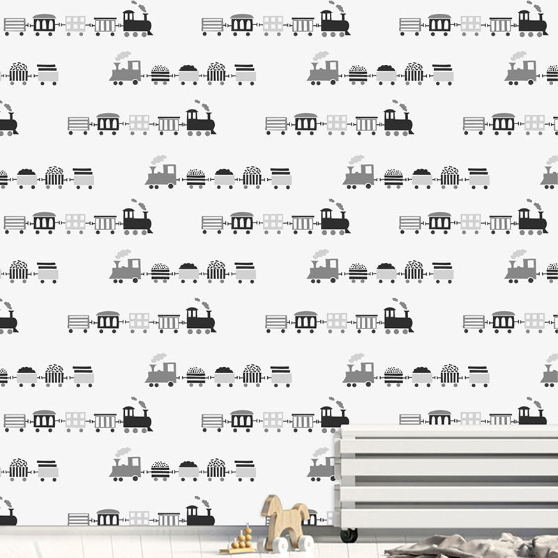 Black and White Wall Art 29.1 sq ft. Cartoon Train Wallpaper Roll for Children, Self-Adhesive Black-White Clearhalo 'Wall Decor' 'Wallpaper' 1883536