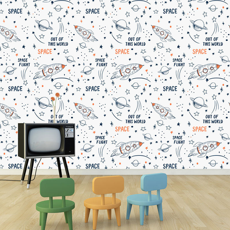Stain-Resistant Cartoon Rocket Wallpaper 29.1 sq ft. Minimalist Children's Bedroom Wall Art for Kid's Bedroom Decoration Blue-Orange Clearhalo 'Wall Decor' 'Wallpaper' 1883542
