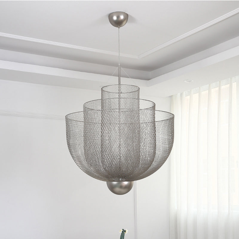 Wire Mesh Bowl Chandelier Light LED Post Modern Hanging Pendant Light in Gold/Silver Silver Clearhalo 'Ceiling Lights' 'Chandeliers' 'Modern Chandeliers' 'Modern' Lighting' 1886125