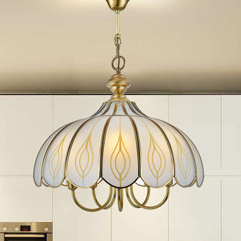 White Glass Scalloped Chandelier Light Fixture Colonialist 3/4/5 Lights Dining Room Ceiling Pendant 5 White Clearhalo 'Ceiling Lights' 'Chandeliers' 'Glass shade' 'Glass' Lighting' 1895589