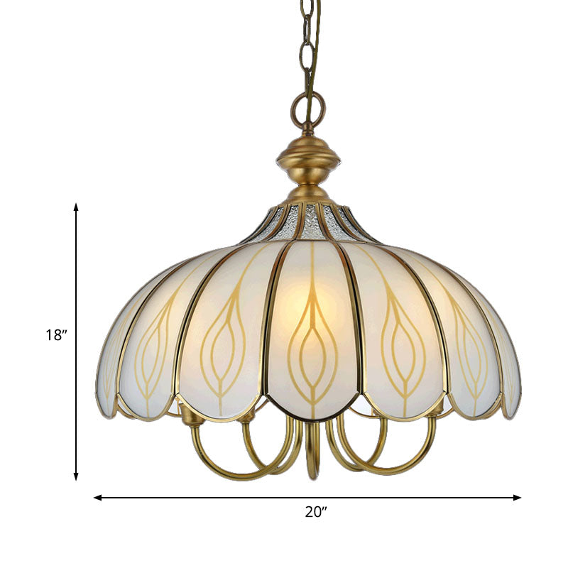 White Glass Scalloped Chandelier Light Fixture Colonialist 3/4/5 Lights Dining Room Ceiling Pendant Clearhalo 'Ceiling Lights' 'Chandeliers' 'Glass shade' 'Glass' Lighting' 1895593