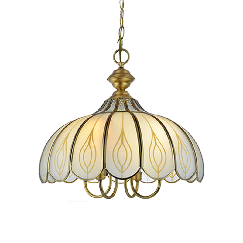 White Glass Scalloped Chandelier Light Fixture Colonialist 3/4/5 Lights Dining Room Ceiling Pendant Clearhalo 'Ceiling Lights' 'Chandeliers' 'Glass shade' 'Glass' Lighting' 1895596