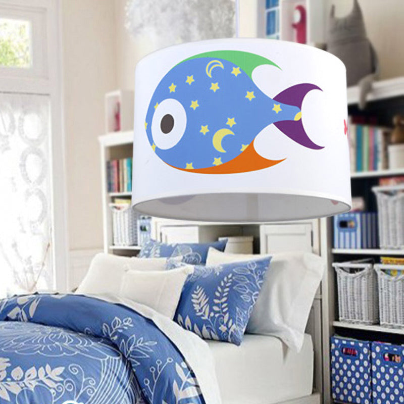 Kids Drum Pendant Light with Fish Fabric Cartoon White Hanging Light Clearhalo 'Ceiling Lights' 'Pendant Lights' 'Pendants' Lighting' 189694