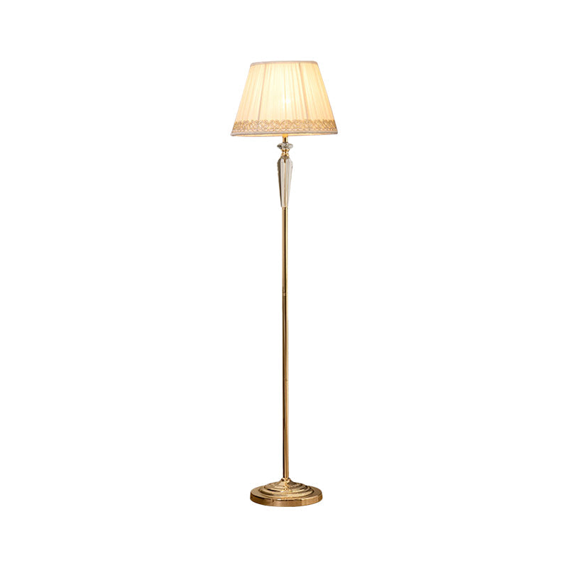 1-Head Barrel Floor Lighting Minimal Beige/Light Purple/Royal Blue Fabric Standing Lamp with Crystal Accent for Living Room Clearhalo 'Floor Lamps' 'Lamps' Lighting' 1899904