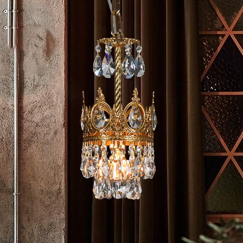 Single Bulb Hanging Lamp Kit Traditional Crown-Shape Hand Cut Crystal Flush Lighting in Brass Clearhalo 'Ceiling Lights' 'Modern Pendants' 'Modern' 'Pendant Lights' 'Pendants' Lighting' 1900041