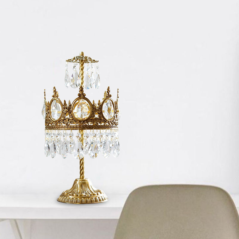 Crown Shape Bedroom Table Lighting Vintage Beveled Crystal 2-Head Brass Nightstand Lamp Brass Clearhalo 'Lamps' 'Table Lamps' Lighting' 1900046