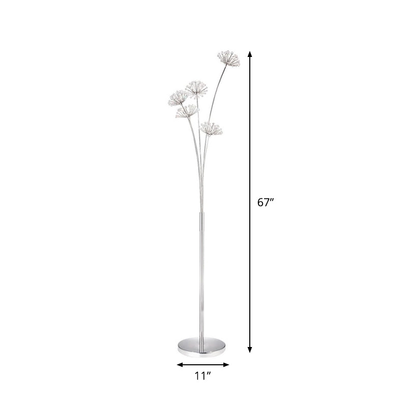 Nordic Dandelion Standing Lighting 3/5-Bulb Crystal Bead Floor Light in Silver for Living Room Clearhalo 'Floor Lamps' 'Lamps' Lighting' 1900286