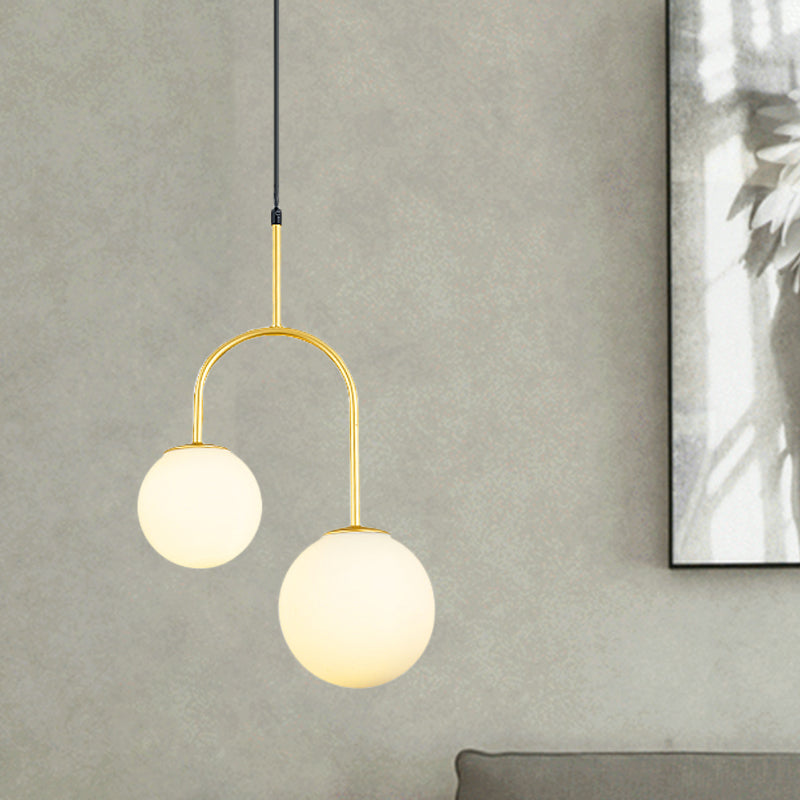 White Glass Global Hanging Pendant Light Modern 2 Heads Black/Gold Suspension Lamp with Arc Arm Clearhalo 'Ceiling Lights' 'Glass shade' 'Glass' 'Modern Pendants' 'Modern' 'Pendant Lights' 'Pendants' Lighting' 1903595