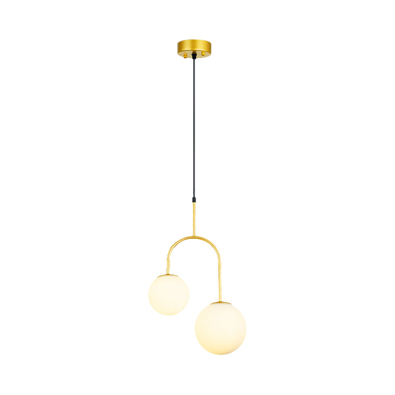 White Glass Global Hanging Pendant Light Modern 2 Heads Black/Gold Suspension Lamp with Arc Arm Clearhalo 'Ceiling Lights' 'Glass shade' 'Glass' 'Modern Pendants' 'Modern' 'Pendant Lights' 'Pendants' Lighting' 1903596