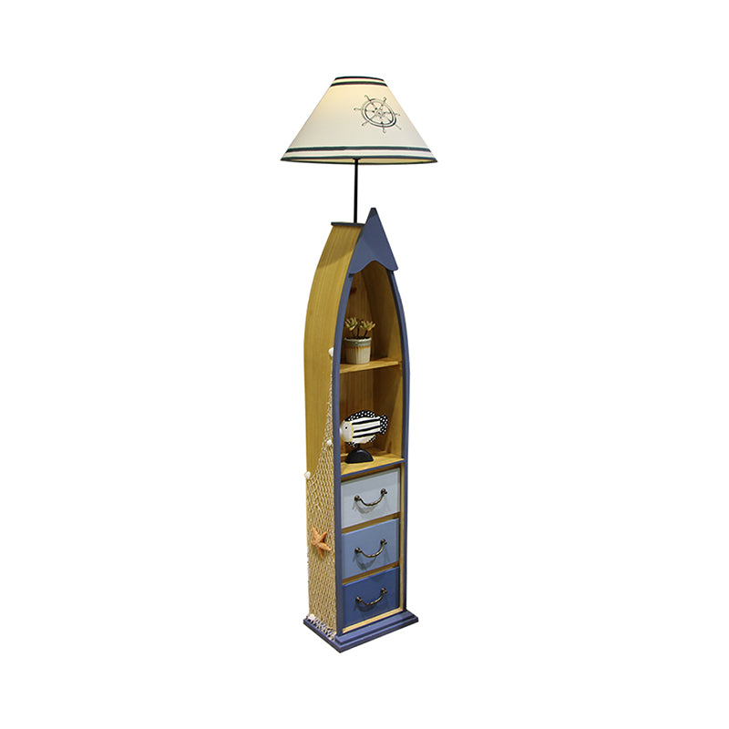 Conical Fabric Floor Lighting Kid 1-Bulb White/Yellow/Wood Ship Standing Lamp with Shelf and Drawer Clearhalo 'Floor Lamps' 'Lamps' Lighting' 1903922