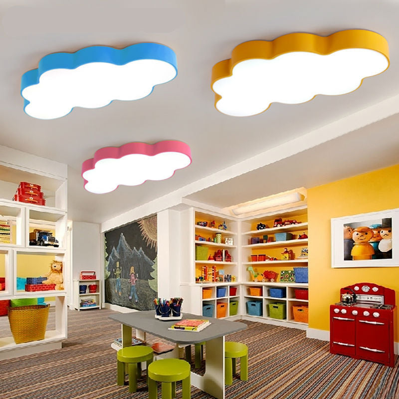 Yellow Cloud Close to Ceiling Light Cartoon Metal LED Flush Mount in White/3 Color Light, 19.5