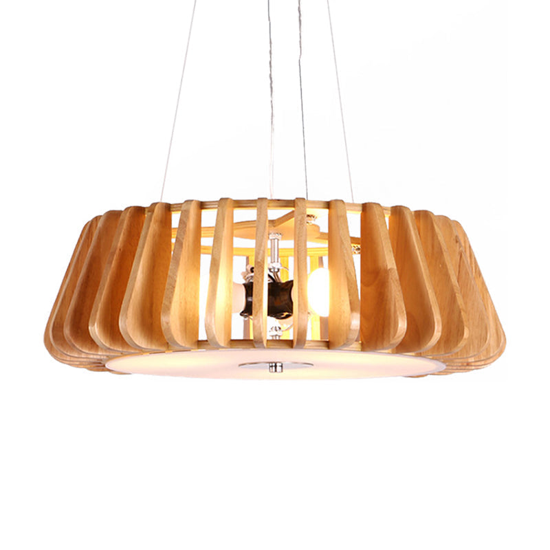 Wooden Drum Hanging Chandelier Contemporary Triple Light Ceiling Pendant for Restaurant Clearhalo 'Carpenter Chandeliers' 'Ceiling Lights' 'Chandeliers' 'Industrial' 'Modern Chandeliers' 'Modern' Lighting' 190679