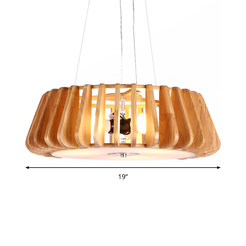 Wooden Drum Hanging Chandelier Contemporary Triple Light Ceiling Pendant for Restaurant Clearhalo 'Carpenter Chandeliers' 'Ceiling Lights' 'Chandeliers' 'Industrial' 'Modern Chandeliers' 'Modern' Lighting' 190680