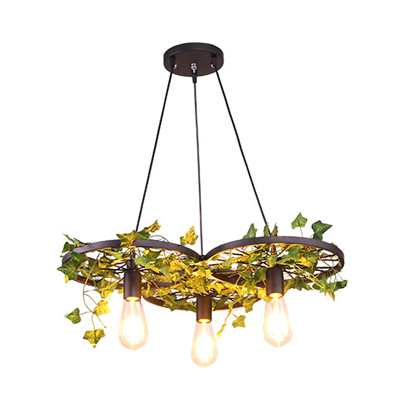 Black Wheel Hanging Chandelier Rustic Iron 1/3/6-Bulb Restaurant Plant Pendant Lighting Fixture Clearhalo 'Cast Iron' 'Ceiling Lights' 'Chandeliers' 'Industrial Chandeliers' 'Industrial' 'Metal' 'Middle Century Chandeliers' 'Rustic Chandeliers' 'Tiffany' Lighting' 1907003