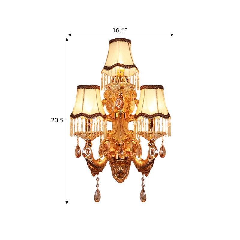 3-Head Candelabra Wall Sconce Traditional Gold Crystal Droplets Wall Lighting Fixture with Shade/Shadeless Clearhalo 'Wall Lamps & Sconces' 'Wall Lights' Lighting' 1907194