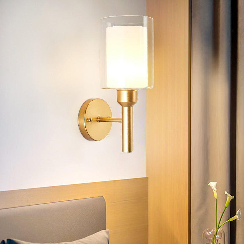 Retro Style Dual Cylinder Wall Light 1 Head Clear and White Glass Wall Sconce Lighting in Gold Gold Clearhalo 'Wall Lamps & Sconces' 'Wall Lights' Lighting' 1907255