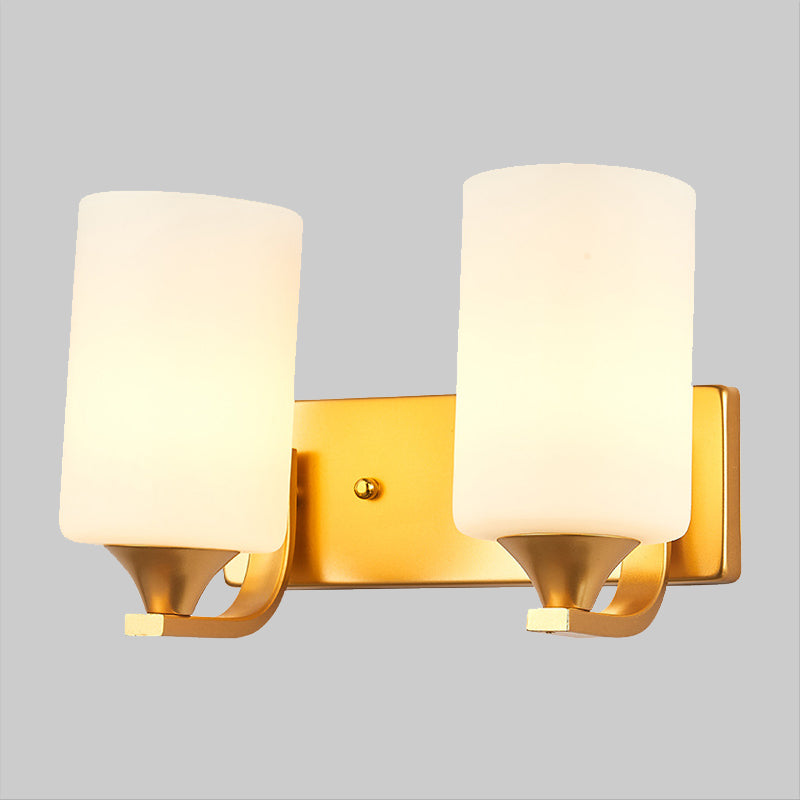 2-Bulb Wall Mount Lamp Traditional Cylindrical Milky Glass Wall Lighting Fixture in Gold Clearhalo 'Wall Lamps & Sconces' 'Wall Lights' Lighting' 1907263