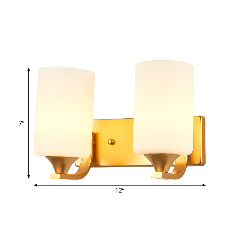 2-Bulb Wall Mount Lamp Traditional Cylindrical Milky Glass Wall Lighting Fixture in Gold Clearhalo 'Wall Lamps & Sconces' 'Wall Lights' Lighting' 1907264