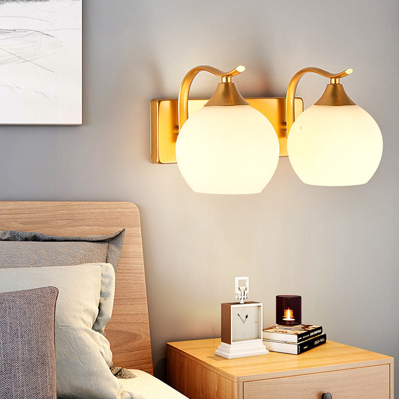 Sphere Bedside Sconce Light Vintage Cream Glass 2-Light Gold Wall Mounted Lighting Clearhalo 'Wall Lamps & Sconces' 'Wall Lights' Lighting' 1907265