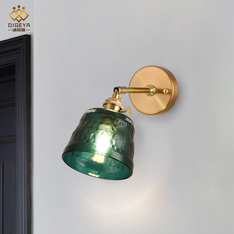 Brass Single Bulb Wall Sconce Antiqued Green Dimpled Glass Conical Adjustable Wall Lighting Clearhalo 'Wall Lamps & Sconces' 'Wall Lights' Lighting' 1907271