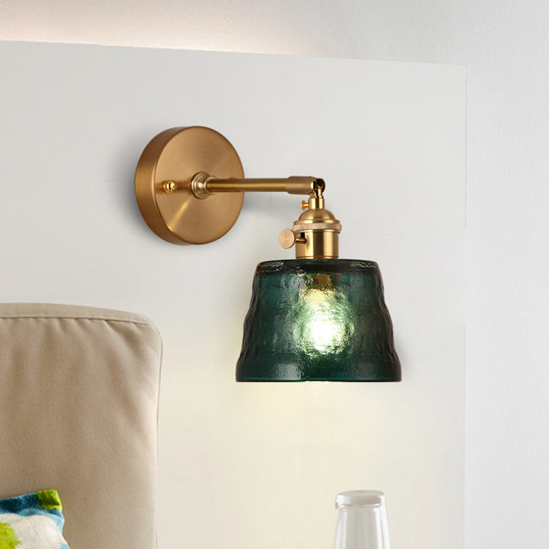 Brass Single Bulb Wall Sconce Antiqued Green Dimpled Glass Conical Adjustable Wall Lighting Clearhalo 'Wall Lamps & Sconces' 'Wall Lights' Lighting' 1907272