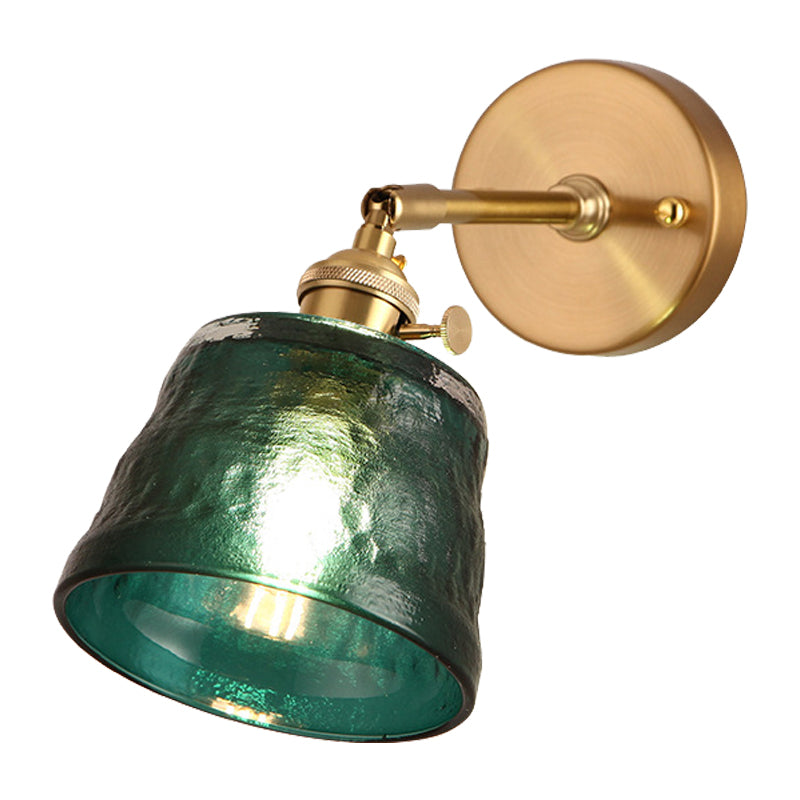 Brass Single Bulb Wall Sconce Antiqued Green Dimpled Glass Conical Adjustable Wall Lighting Clearhalo 'Wall Lamps & Sconces' 'Wall Lights' Lighting' 1907274