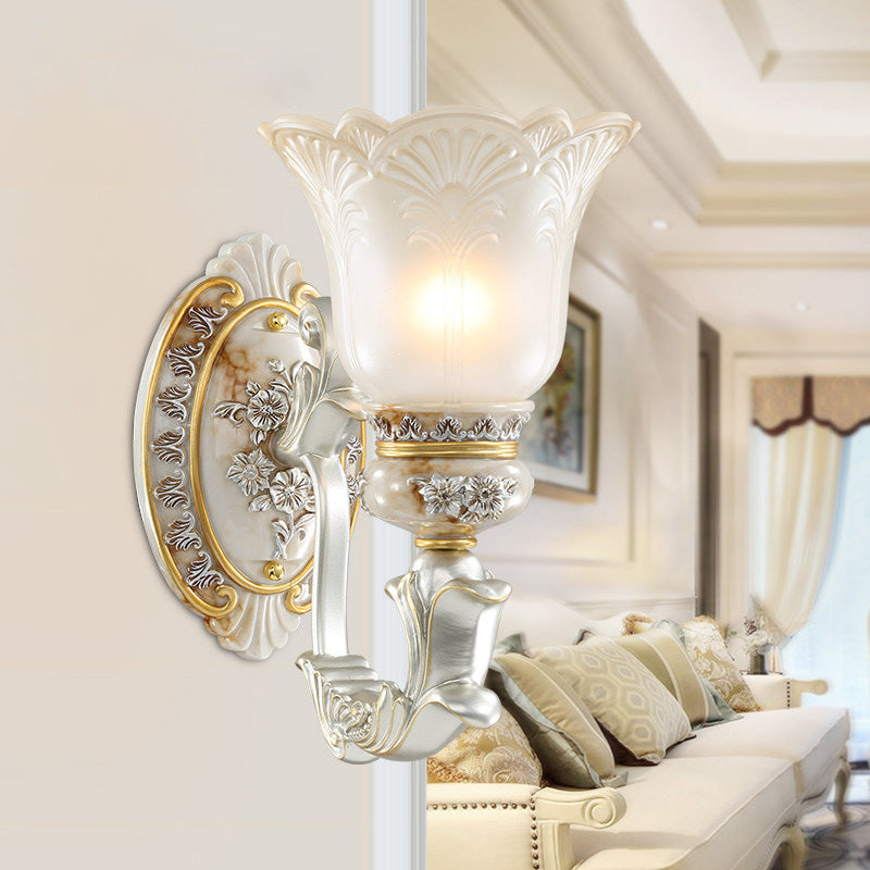 Bloom Hallway Wall Sconce Light French Country Milky Glass Single Bulb White Wall Mounted Lamp with Carving Flower Decor White Clearhalo 'Wall Lamps & Sconces' 'Wall Lights' Lighting' 1907279