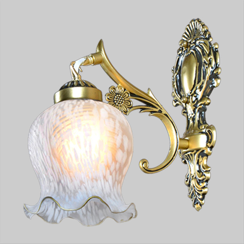 White Glass Gold Wall Mount Lamp Printed Flower Single Head Countryside Wall Sconce Light Clearhalo 'Wall Lamps & Sconces' 'Wall Lights' Lighting' 1907287