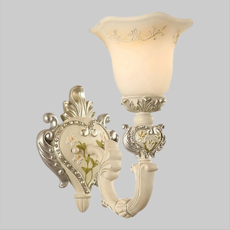 Bloom Sitting Room Sconce Lamp Vintage Milky Glass 1/2-Bulb White Wall Lighting Fixture Clearhalo 'Wall Lamps & Sconces' 'Wall Lights' Lighting' 1907335