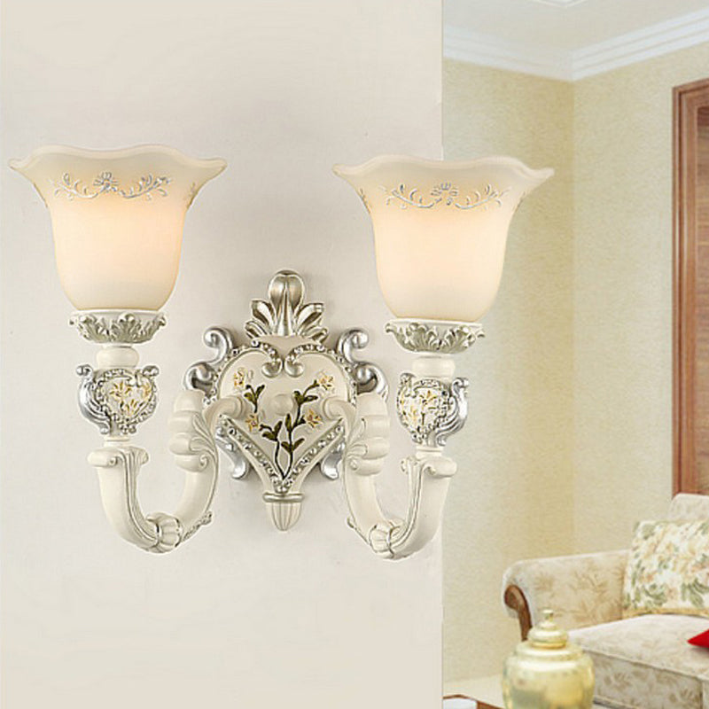 Bloom Sitting Room Sconce Lamp Vintage Milky Glass 1/2-Bulb White Wall Lighting Fixture Clearhalo 'Wall Lamps & Sconces' 'Wall Lights' Lighting' 1907337